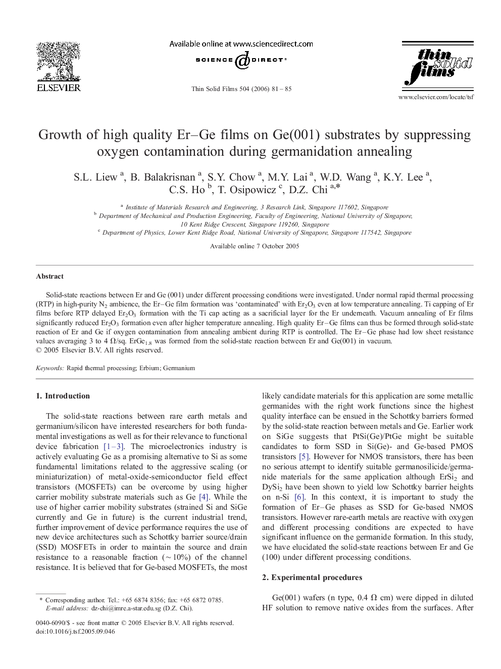 Growth of high quality Er-Ge films on Ge(001) substrates by suppressing oxygen contamination during germanidation annealing