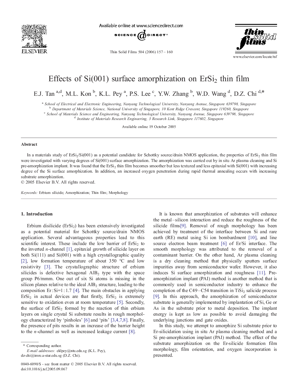 Effects of Si(001) surface amorphization on ErSi2 thin film