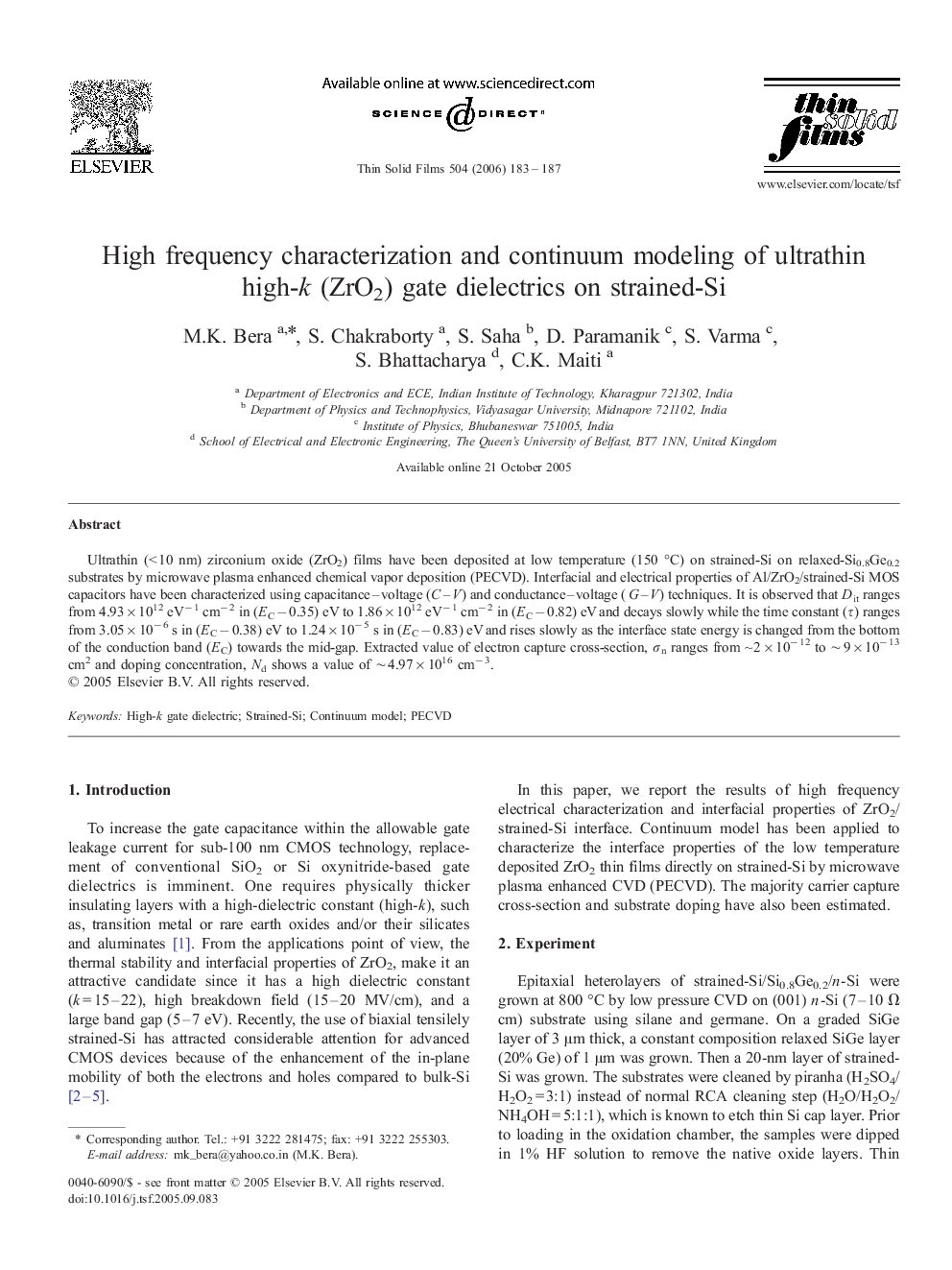 High frequency characterization and continuum modeling of ultrathin high-k (ZrO2) gate dielectrics on strained-Si