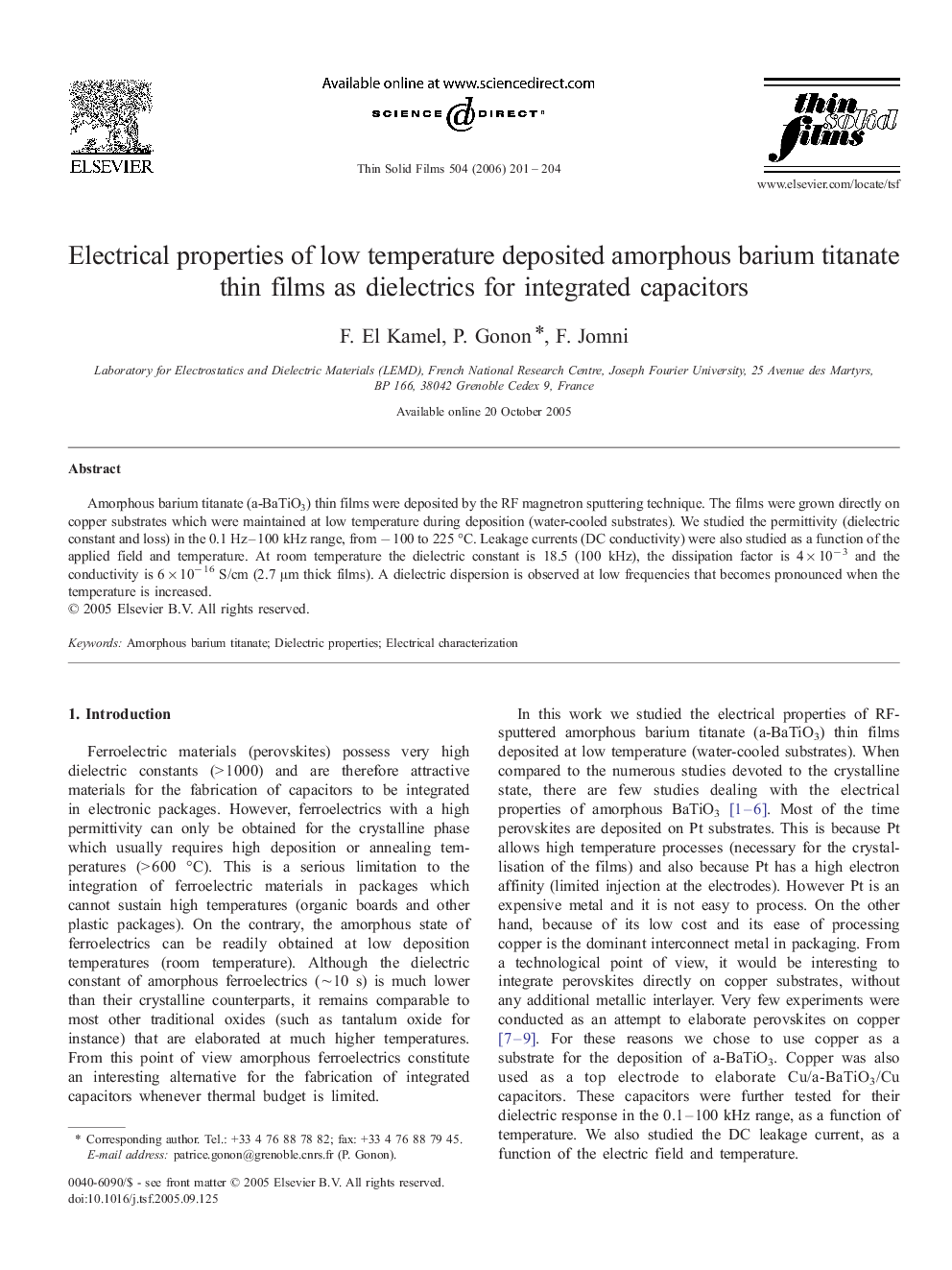 Electrical properties of low temperature deposited amorphous barium titanate thin films as dielectrics for integrated capacitors