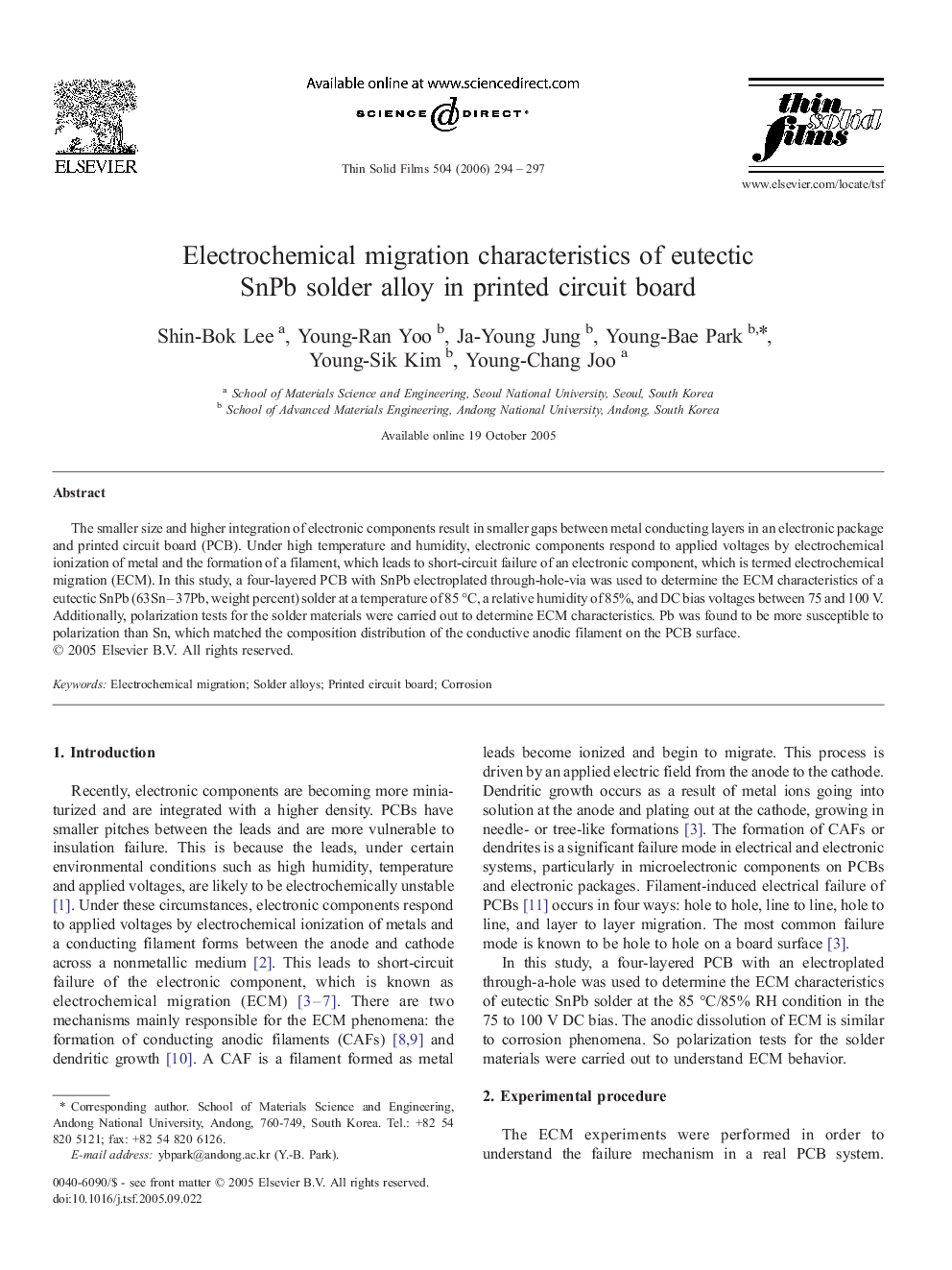 Electrochemical migration characteristics of eutectic SnPb solder alloy in printed circuit board