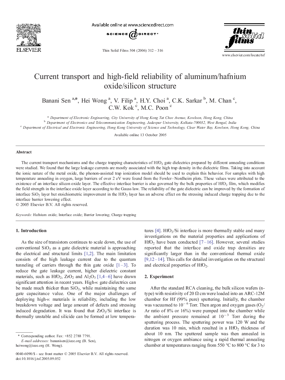 Current transport and high-field reliability of aluminum/hafnium oxide/silicon structure