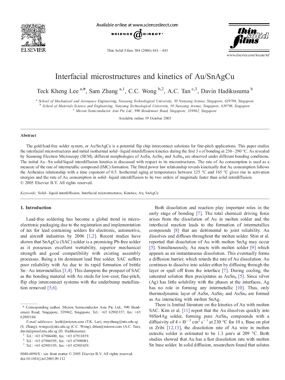 Interfacial microstructures and kinetics of Au/SnAgCu