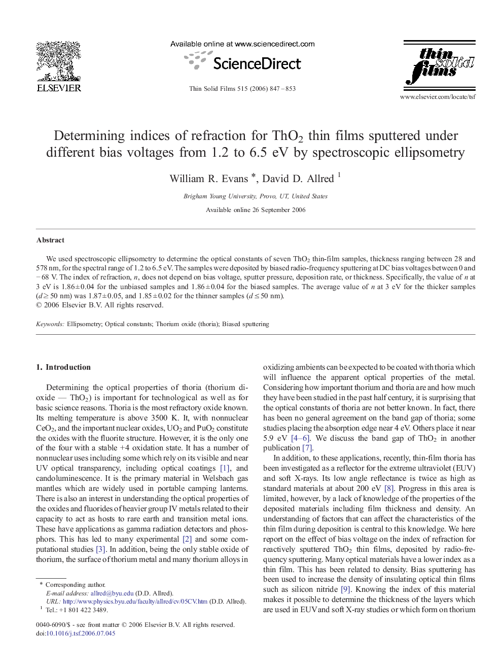 Determining indices of refraction for ThO2 thin films sputtered under different bias voltages from 1.2 to 6.5 eV by spectroscopic ellipsometry