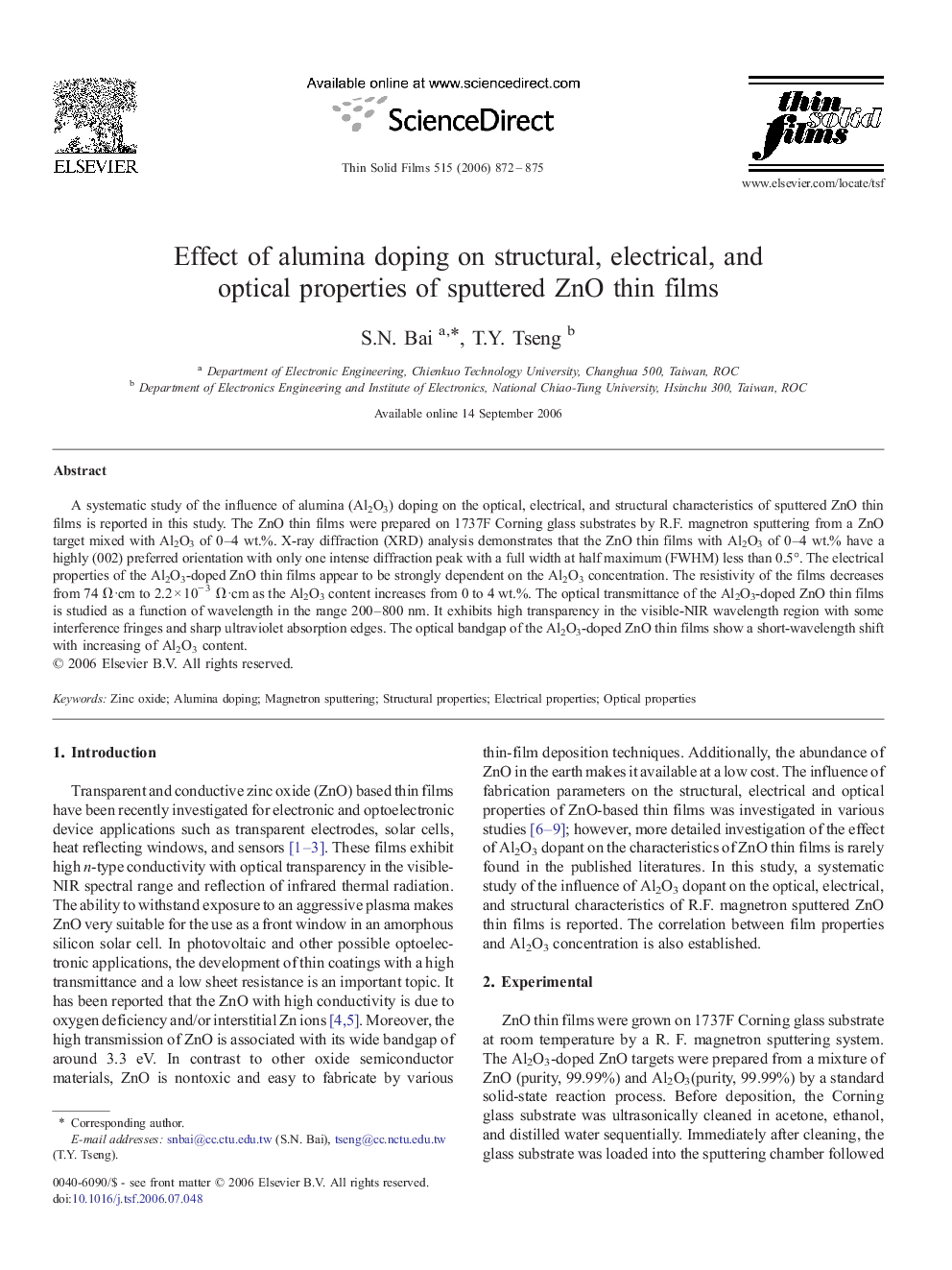 Effect of alumina doping on structural, electrical, and optical properties of sputtered ZnO thin films