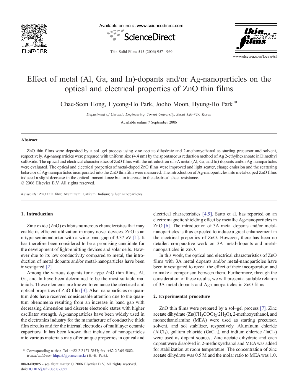 Effect of metal (Al, Ga, and In)-dopants and/or Ag-nanoparticles on the optical and electrical properties of ZnO thin films