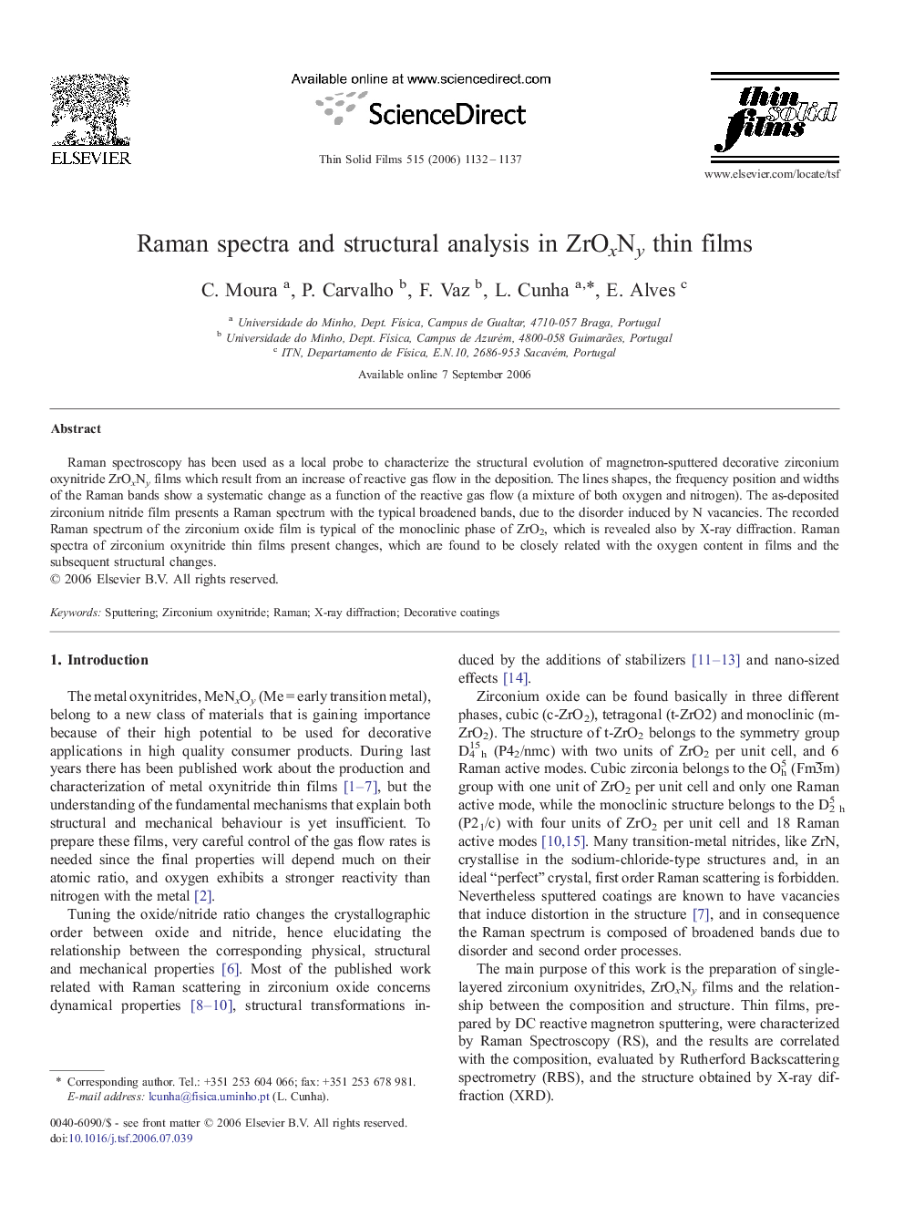 Raman spectra and structural analysis in ZrOxNy thin films