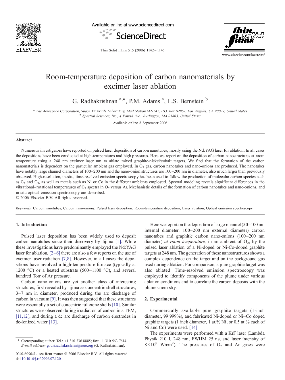 Room-temperature deposition of carbon nanomaterials by excimer laser ablation