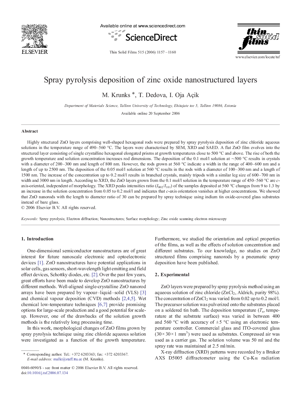 Spray pyrolysis deposition of zinc oxide nanostructured layers