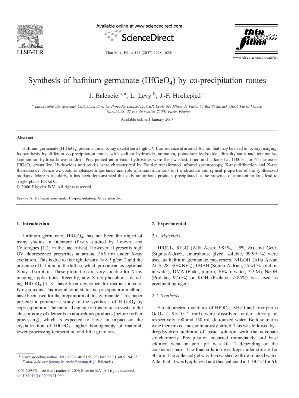 Synthesis of hafnium germanate (HfGeO4) by co-precipitation routes