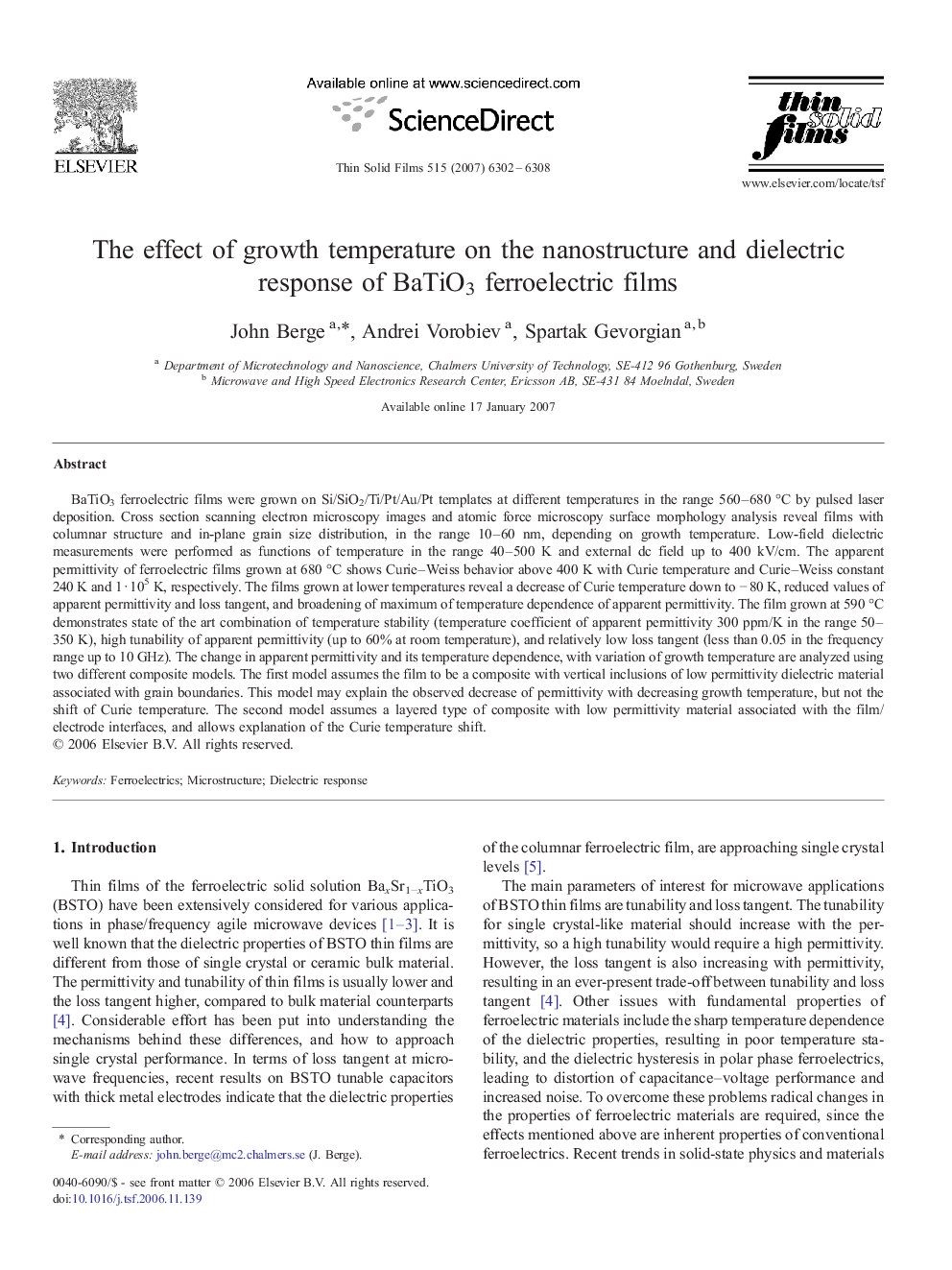عکس صفحه اول مقاله: The effect of growth temperature on the nanostructure and dielectric response of BaTiO3 ferroelectric films The effect of growth temperature on the nanostructure and dielectric response of BaTiO3 ferroelectric films