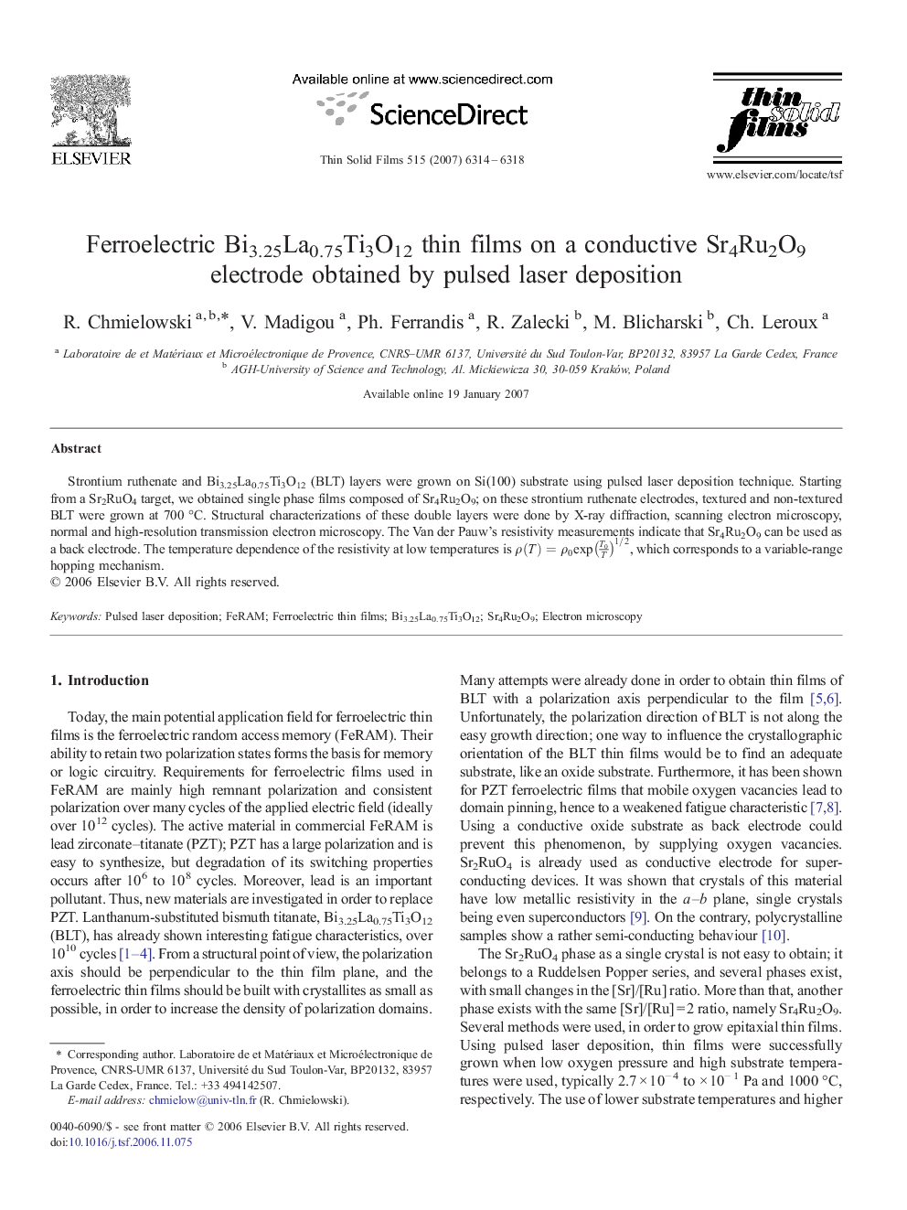 Ferroelectric Bi3.25La0.75Ti3O12 thin films on a conductive Sr4Ru2O9 electrode obtained by pulsed laser deposition