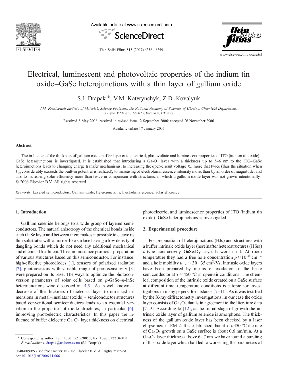 Electrical, luminescent and photovoltaic properties of the indium tin oxide–GaSe heterojunctions with a thin layer of gallium oxide