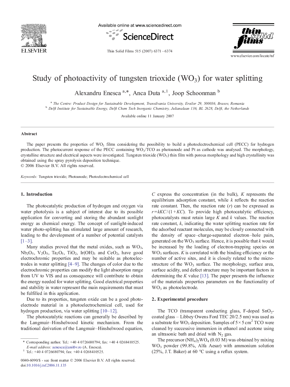 Study of photoactivity of tungsten trioxide (WO3) for water splitting