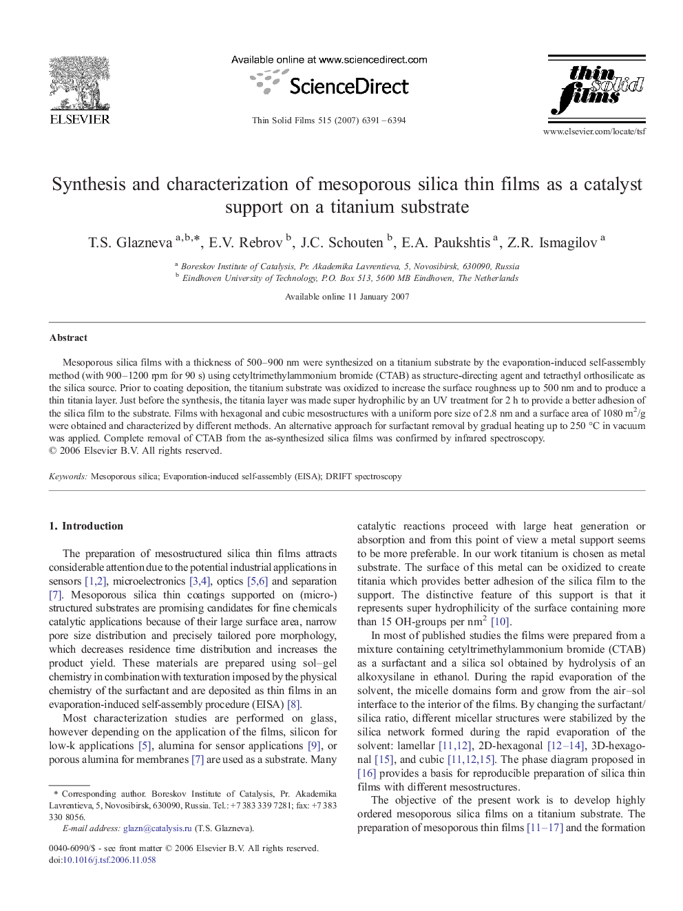 Synthesis and characterization of mesoporous silica thin films as a catalyst support on a titanium substrate