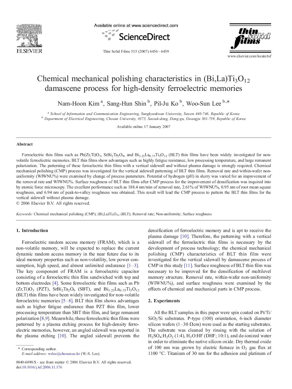 Chemical mechanical polishing characteristics in (Bi,La)Ti3O12 damascene process for high-density ferroelectric memories