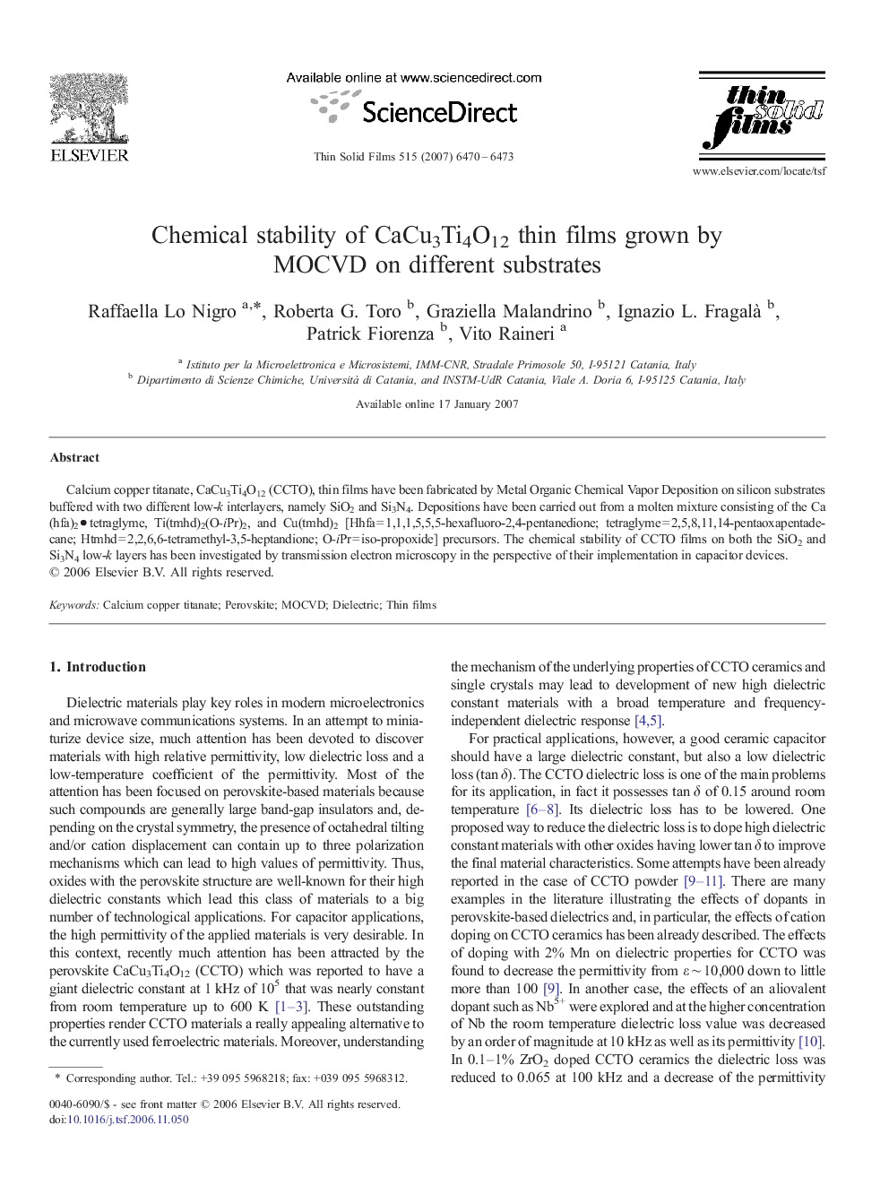 Chemical stability of CaCu3Ti4O12 thin films grown by MOCVD on different substrates