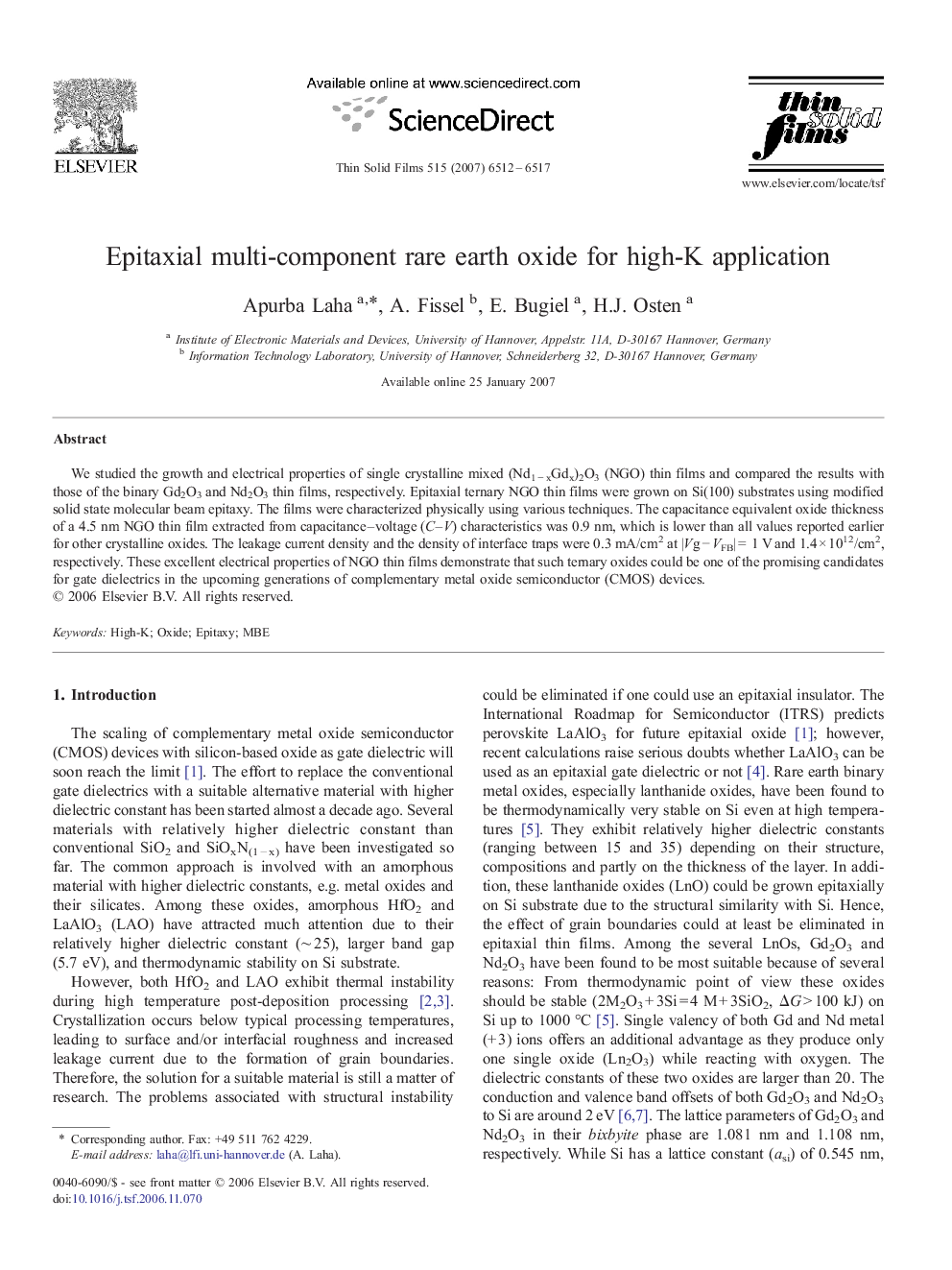 Epitaxial multi-component rare earth oxide for high-K application