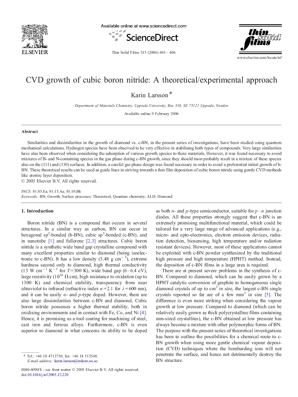 CVD growth of cubic boron nitride: A theoretical/experimental approach