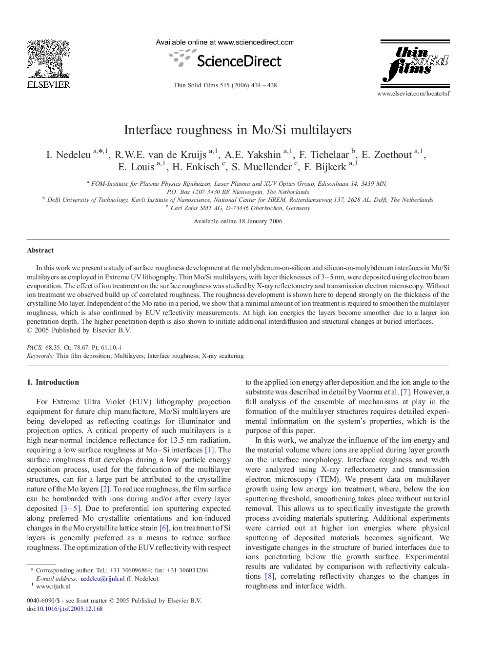 Interface roughness in Mo/Si multilayers