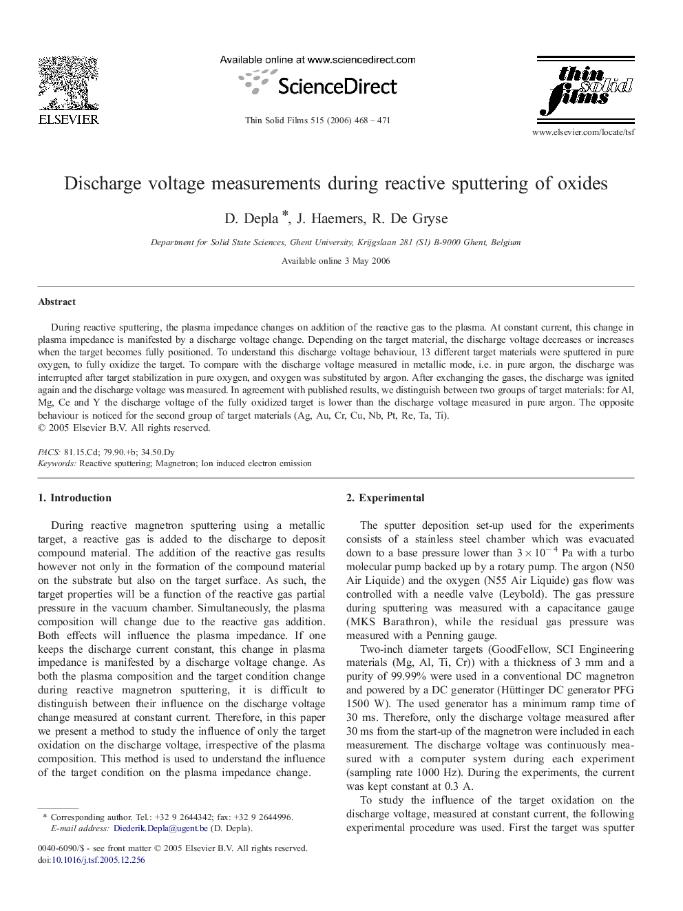 Discharge voltage measurements during reactive sputtering of oxides