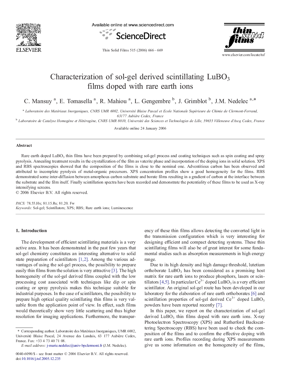 Characterization of sol-gel derived scintillating LuBO3 films doped with rare earth ions