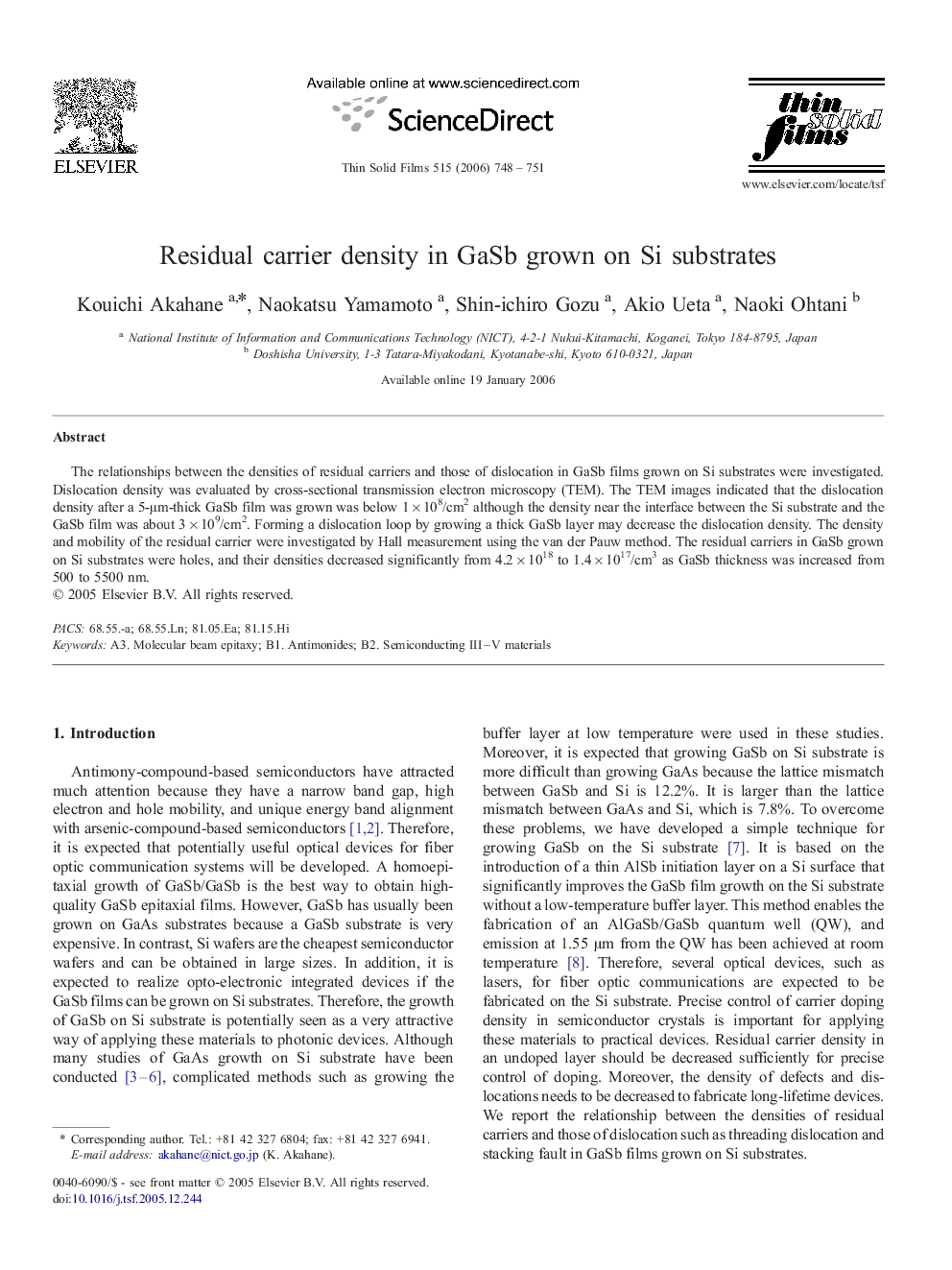 Residual carrier density in GaSb grown on Si substrates