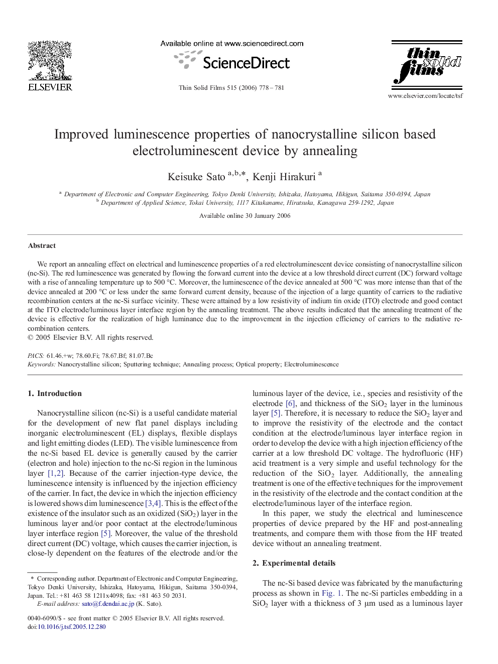 Improved luminescence properties of nanocrystalline silicon based electroluminescent device by annealing