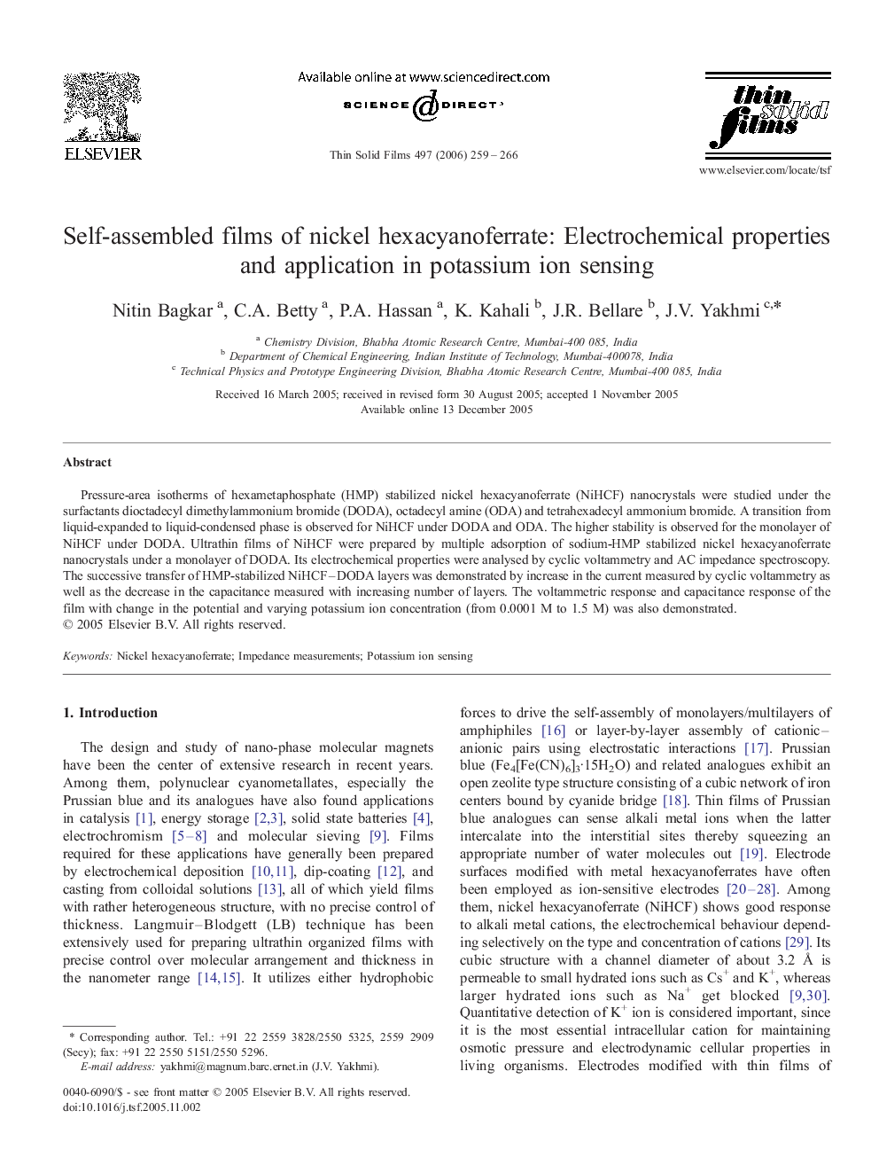 Self-assembled films of nickel hexacyanoferrate: Electrochemical properties and application in potassium ion sensing