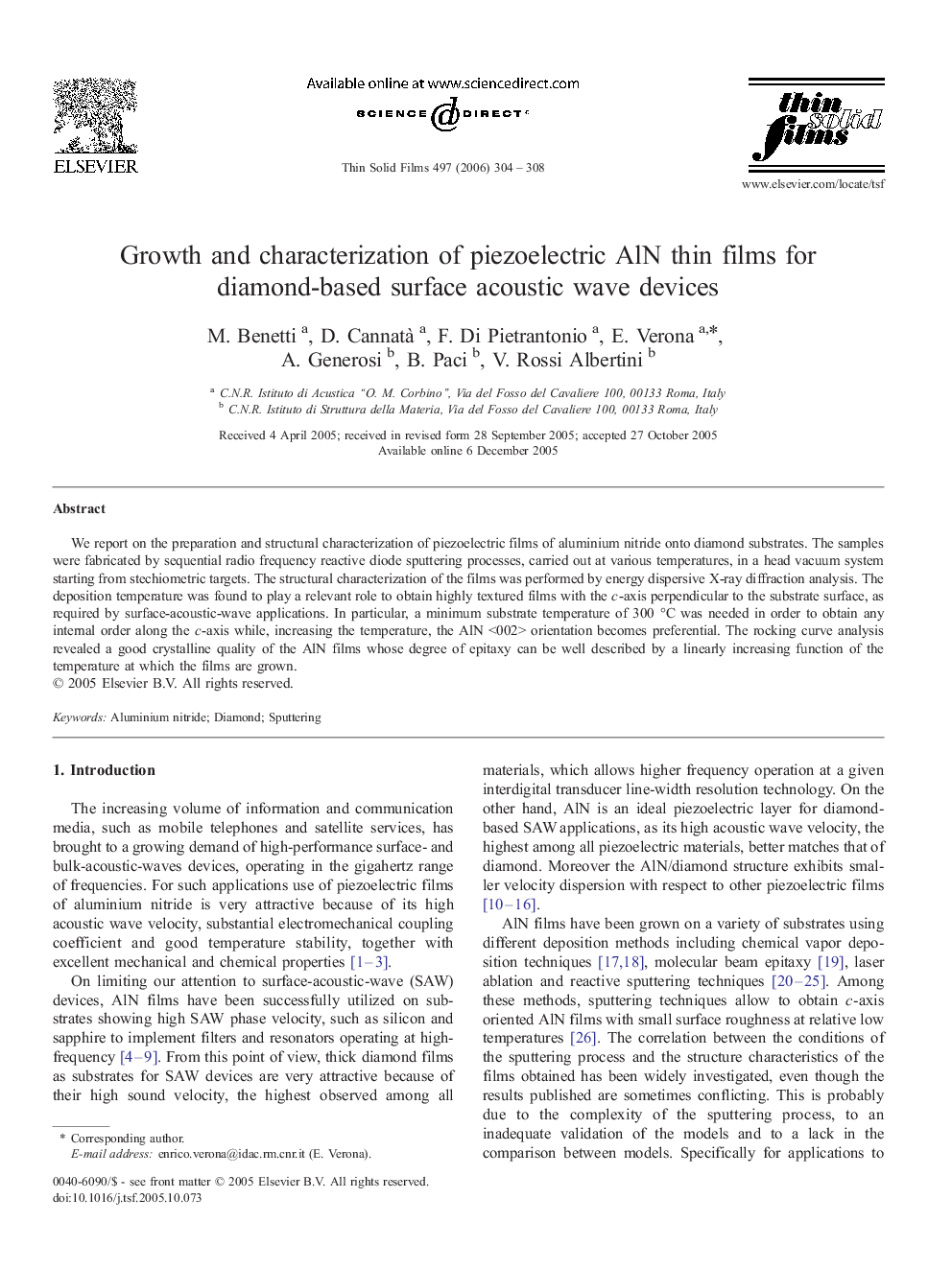 Growth and characterization of piezoelectric AlN thin films for diamond-based surface acoustic wave devices