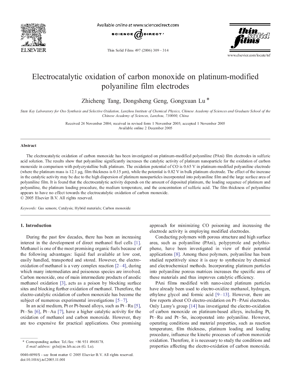 Electrocatalytic oxidation of carbon monoxide on platinum-modified polyaniline film electrodes