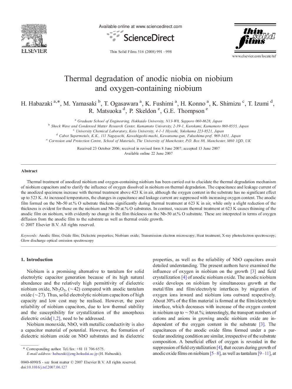 Thermal degradation of anodic niobia on niobium and oxygen-containing niobium