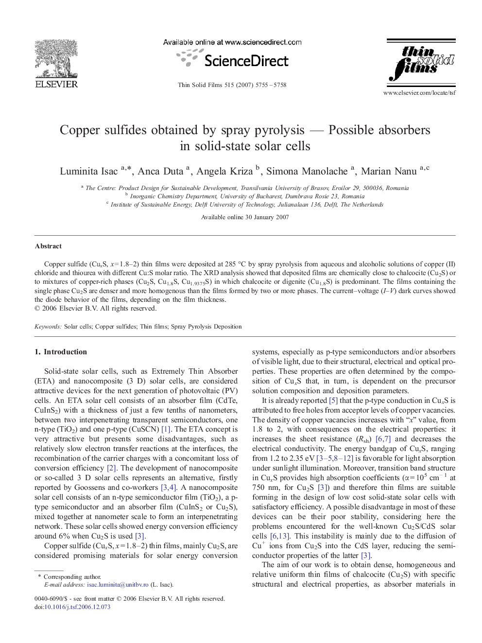 Copper sulfides obtained by spray pyrolysis — Possible absorbers in solid-state solar cells