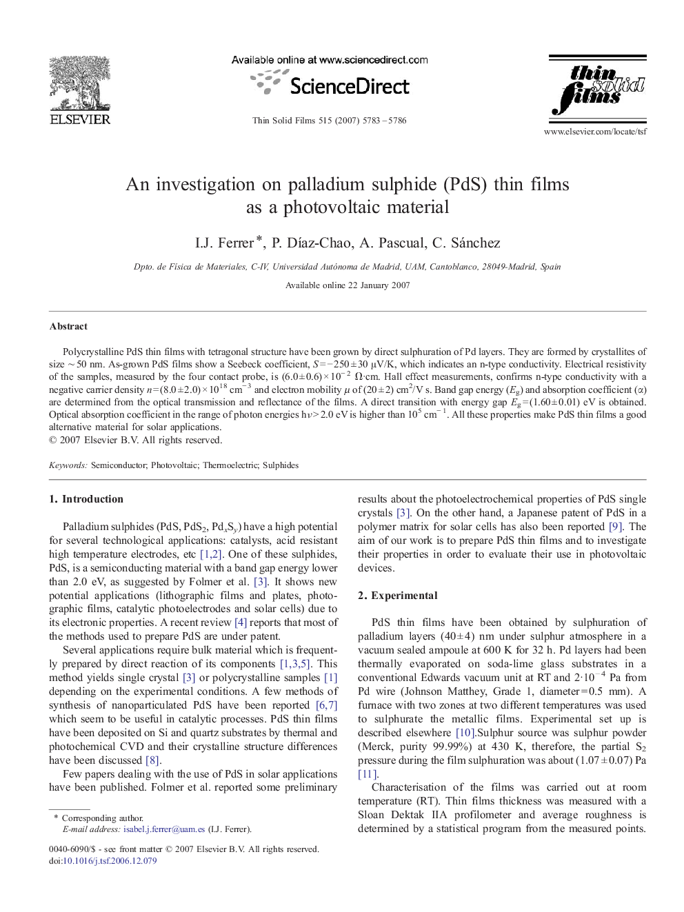 An investigation on palladium sulphide (PdS) thin films as a photovoltaic material