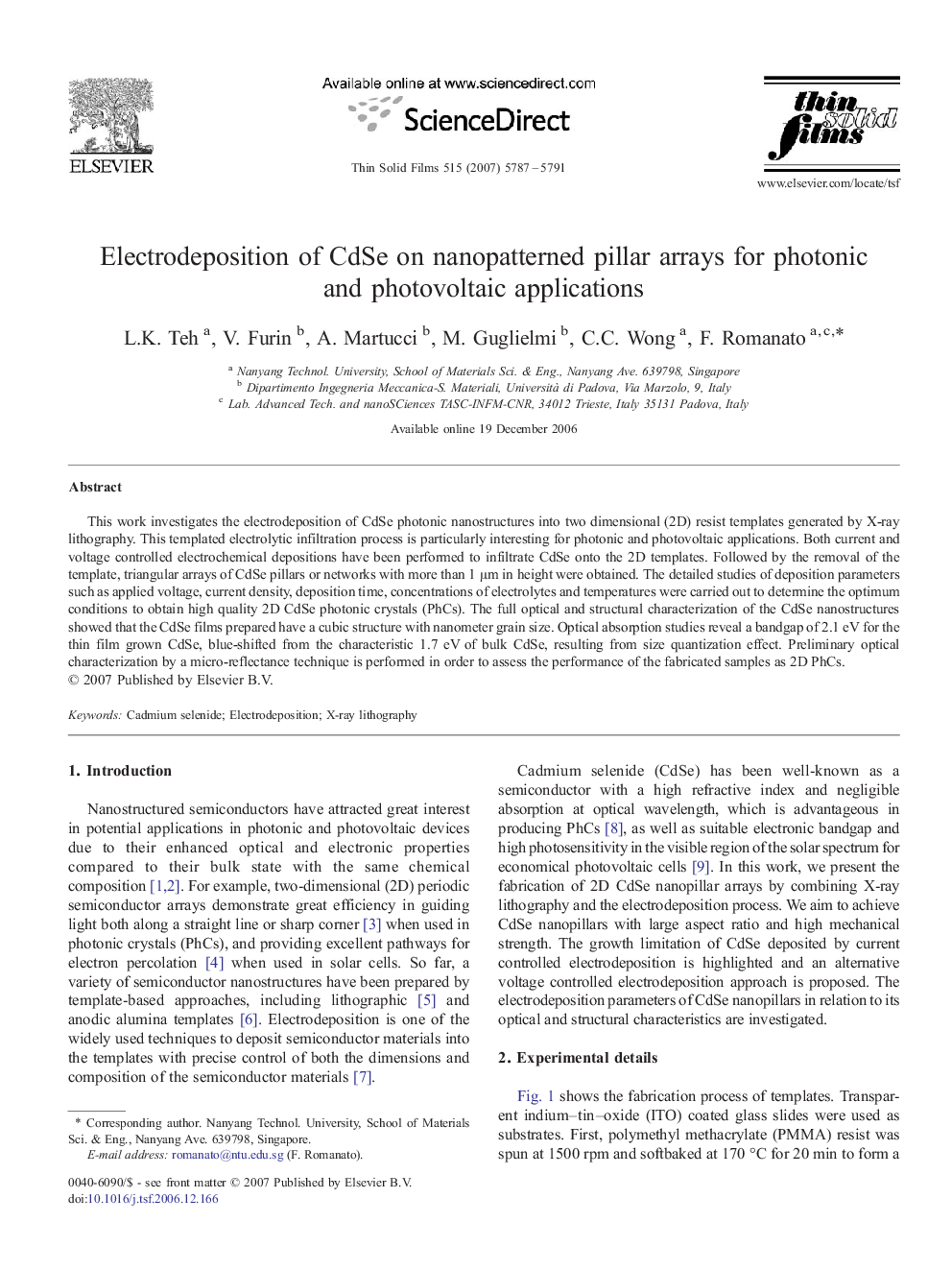 Electrodeposition of CdSe on nanopatterned pillar arrays for photonic and photovoltaic applications