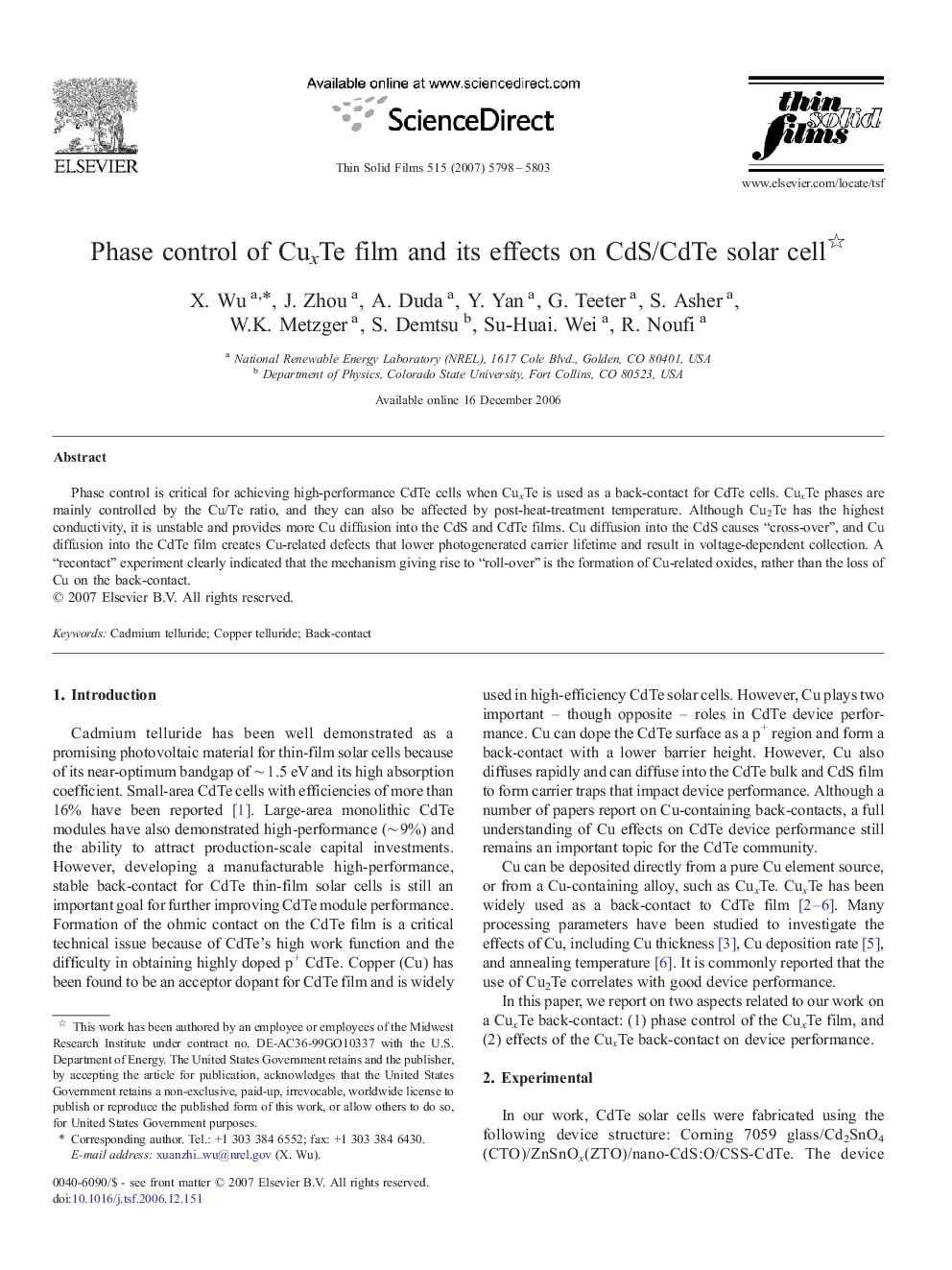 Phase control of CuxTe film and its effects on CdS/CdTe solar cell 