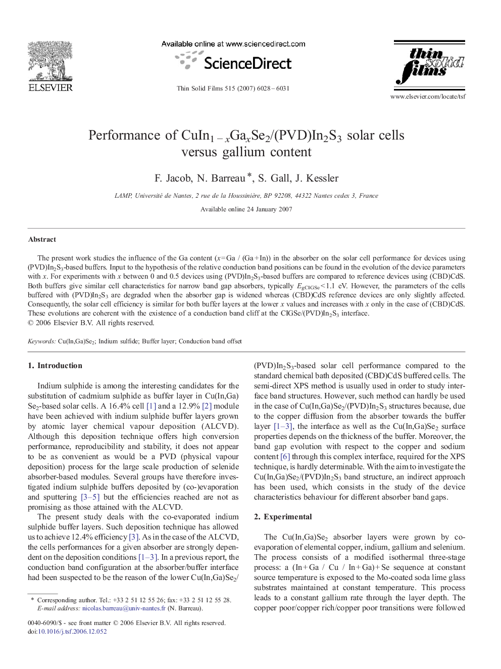 Performance of CuIn1Â âÂ xGaxSe2/(PVD)In2S3 solar cells versus gallium content