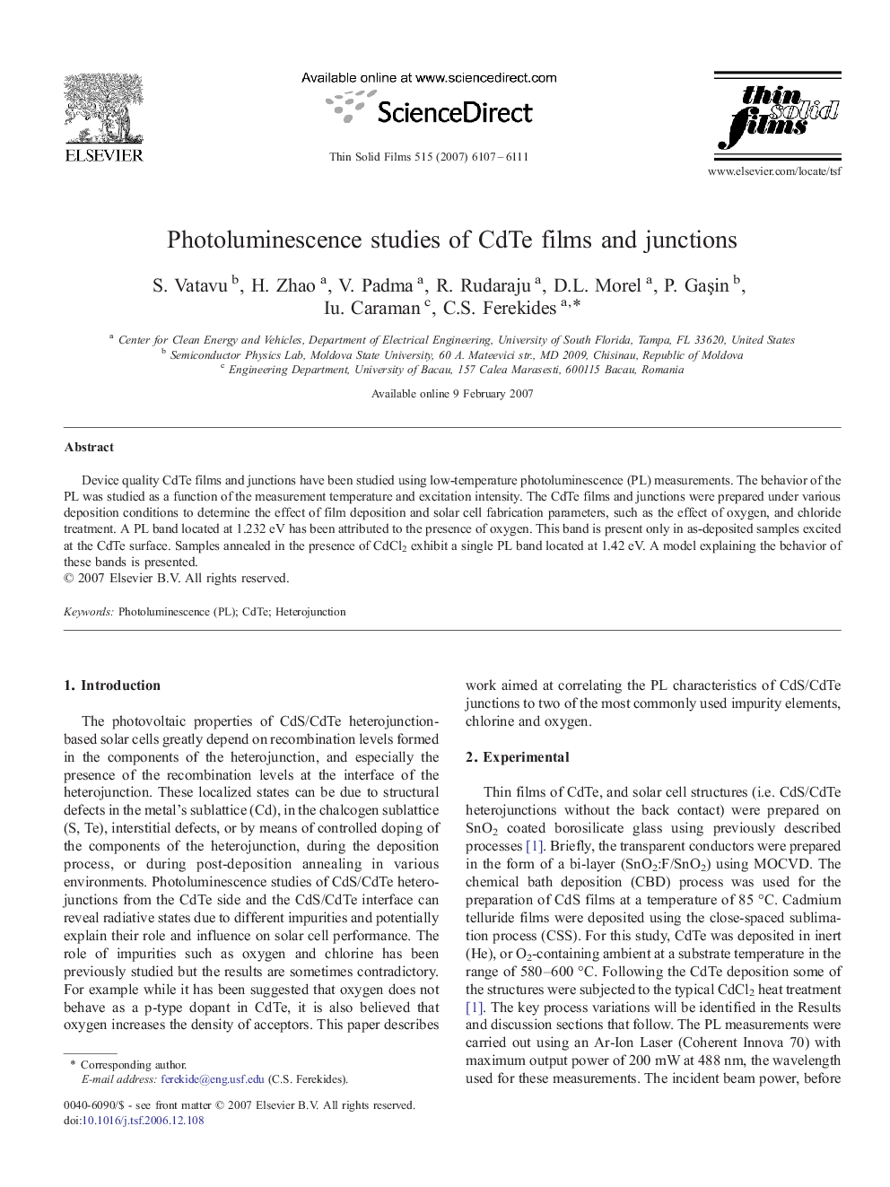 Photoluminescence studies of CdTe films and junctions