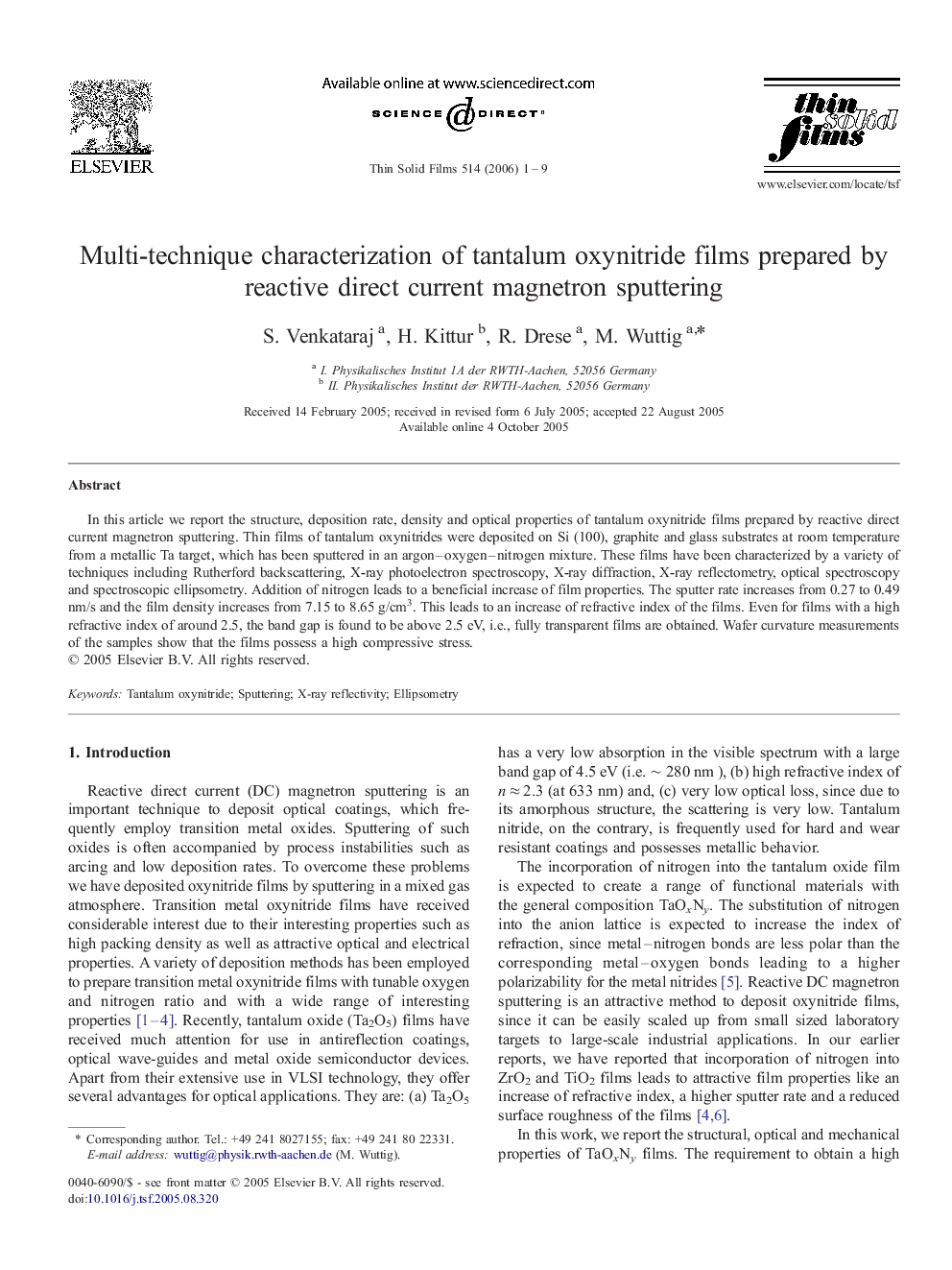 Multi-technique characterization of tantalum oxynitride films prepared by reactive direct current magnetron sputtering