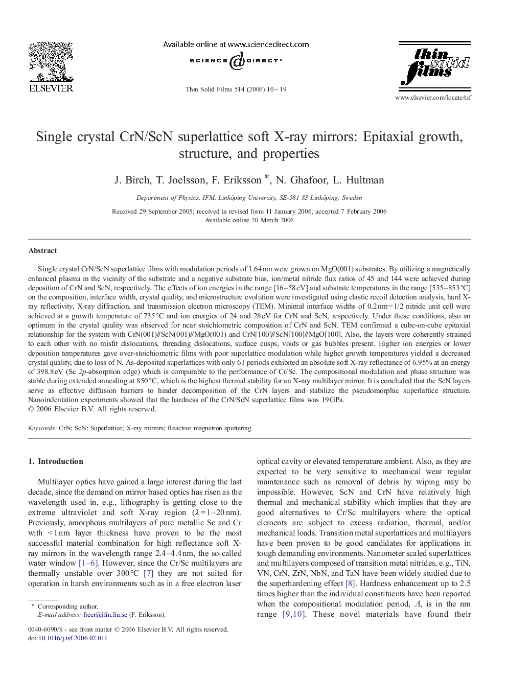 Single crystal CrN/ScN superlattice soft X-ray mirrors: Epitaxial growth, structure, and properties