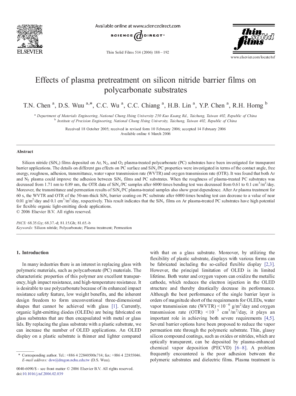 Effects of plasma pretreatment on silicon nitride barrier films on polycarbonate substrates