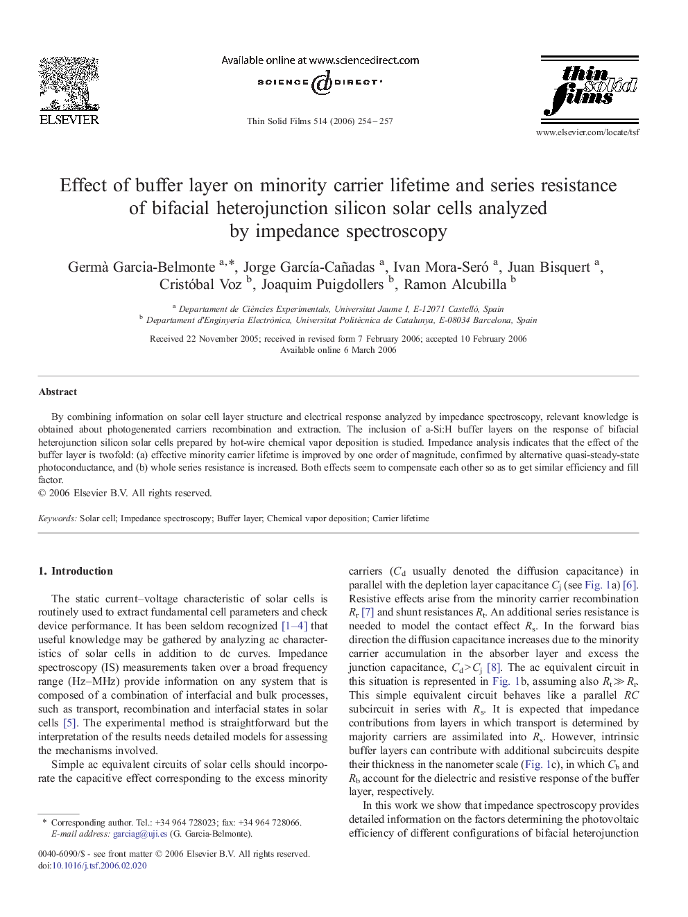 Effect of buffer layer on minority carrier lifetime and series resistance of bifacial heterojunction silicon solar cells analyzed by impedance spectroscopy