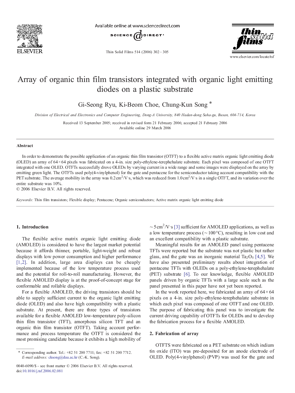 Array of organic thin film transistors integrated with organic light emitting diodes on a plastic substrate