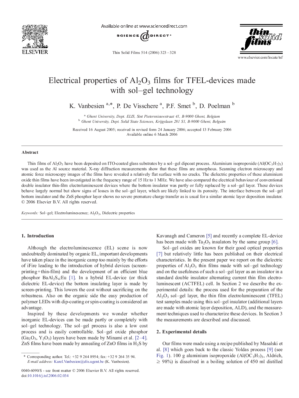 Electrical properties of Al2O3 films for TFEL-devices made with sol–gel technology