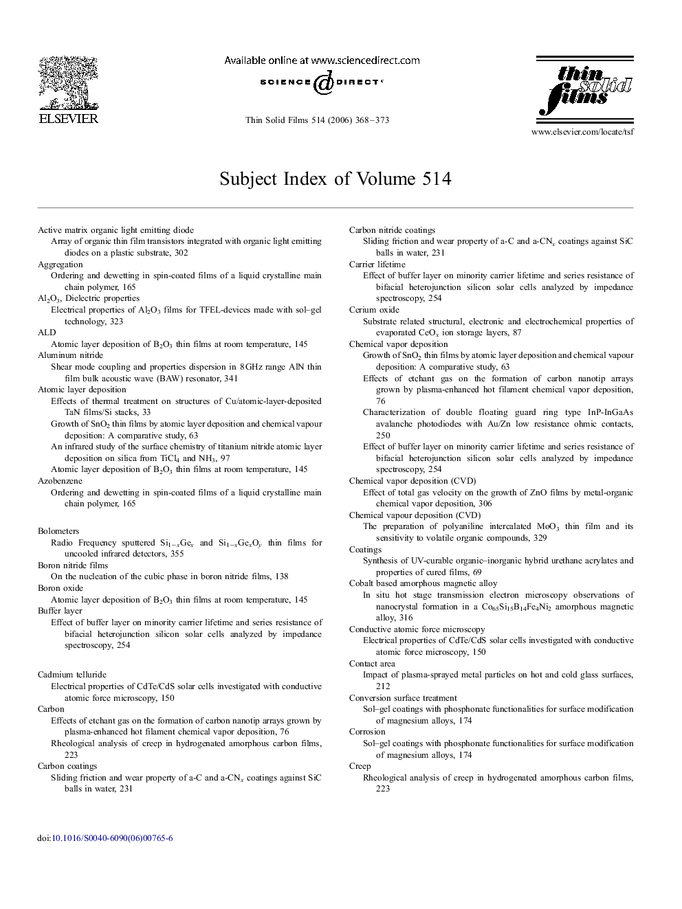 Subject Index of Volume 514