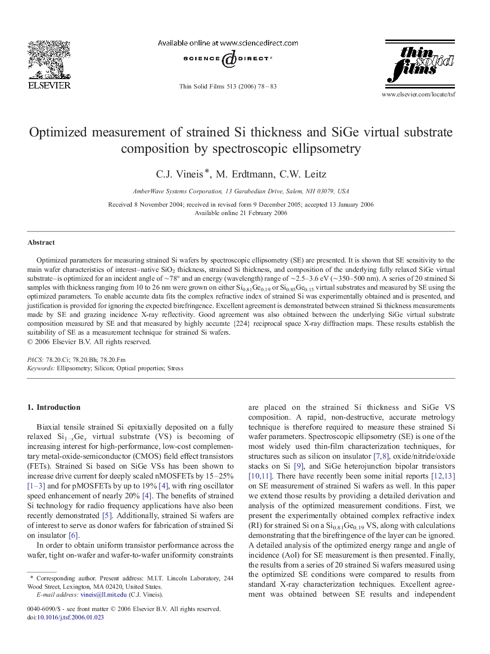 Optimized measurement of strained Si thickness and SiGe virtual substrate composition by spectroscopic ellipsometry