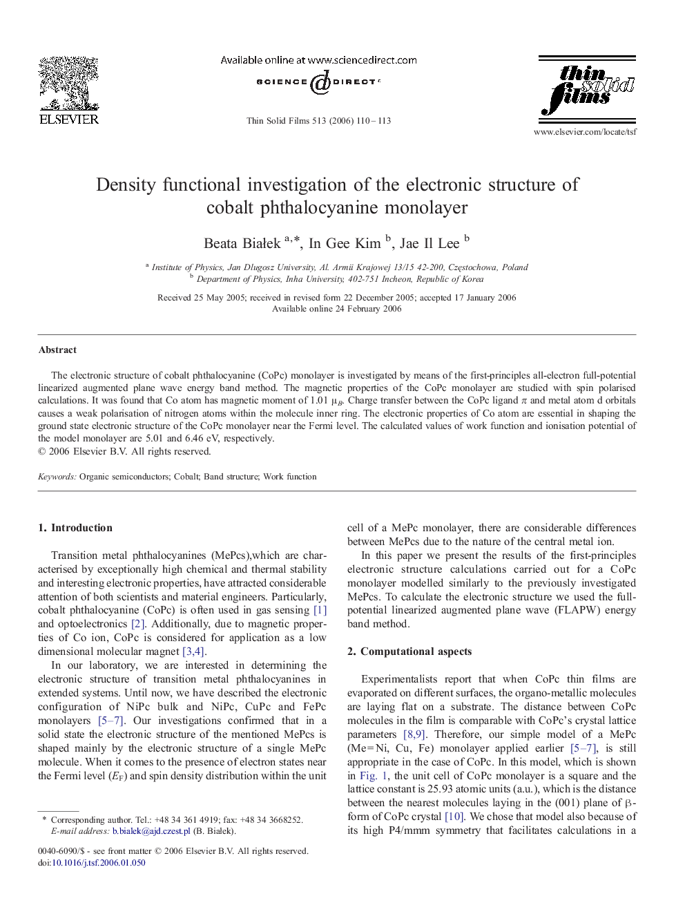 Density functional investigation of the electronic structure of cobalt phthalocyanine monolayer