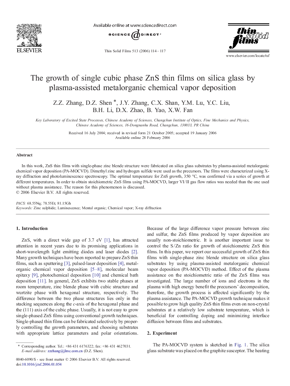 The growth of single cubic phase ZnS thin films on silica glass by plasma-assisted metalorganic chemical vapor deposition