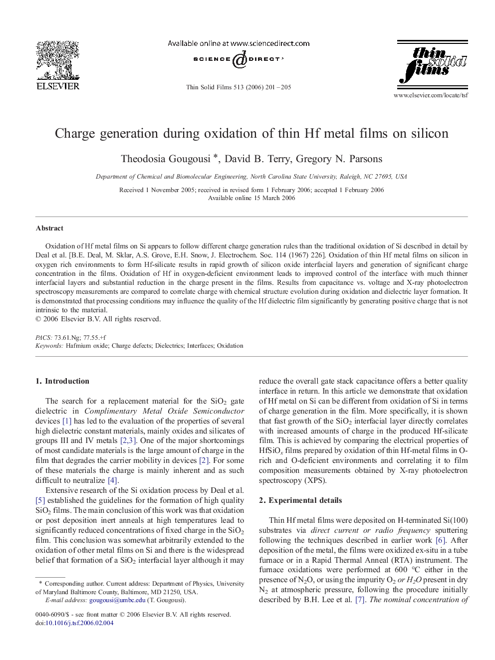 Charge generation during oxidation of thin Hf metal films on silicon