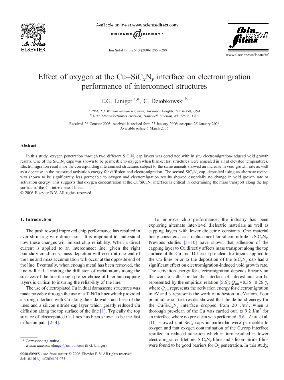 Effect of oxygen at the Cu–SiCxNy interface on electromigration performance of interconnect structures